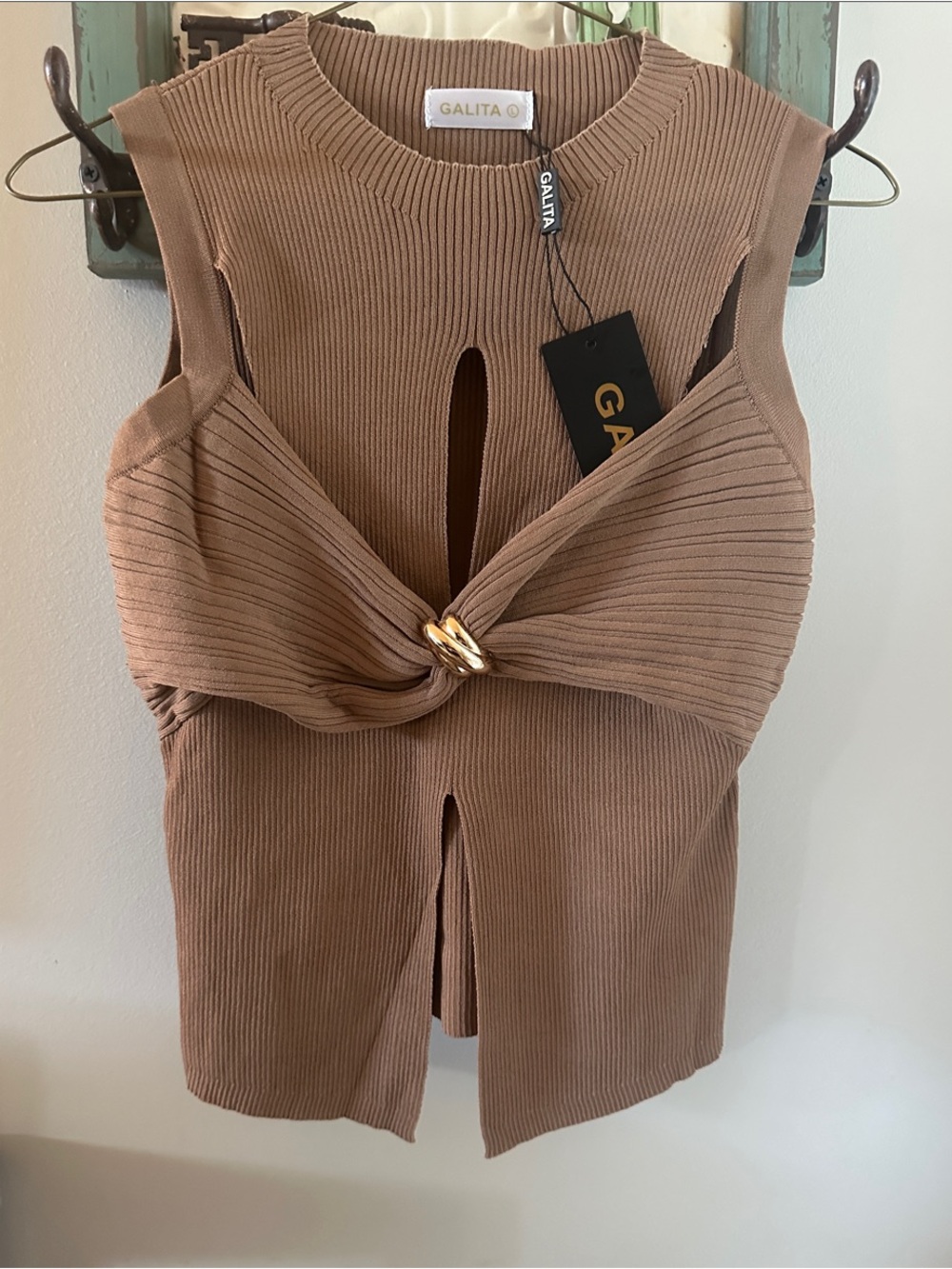 NWT Galita Ribbed Knot Front Tank Top - Taupe Brown Size Large